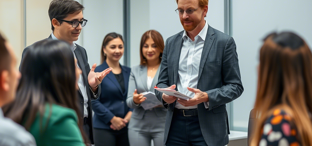 A group of professionals engages in a discussion around a conference table, with one speaker holding documents and others attentively listening. Customer Service Strategies