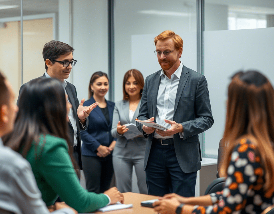 A group of professionals engages in a discussion around a conference table, with one speaker holding documents and others attentively listening. Customer Service Strategies