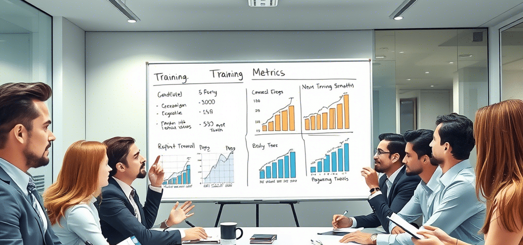 A business team reviews performance metrics and training data during a meeting in a modern conference room, notes and drinks at the table.
