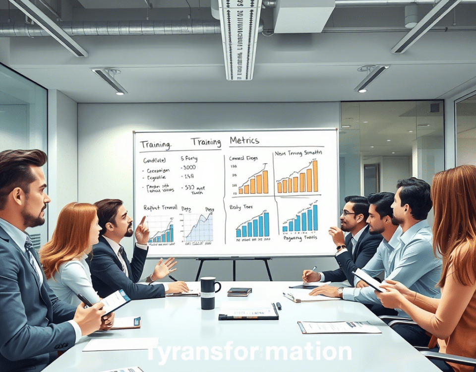 A business team reviews performance metrics and training data during a meeting in a modern conference room, notes and drinks at the table.