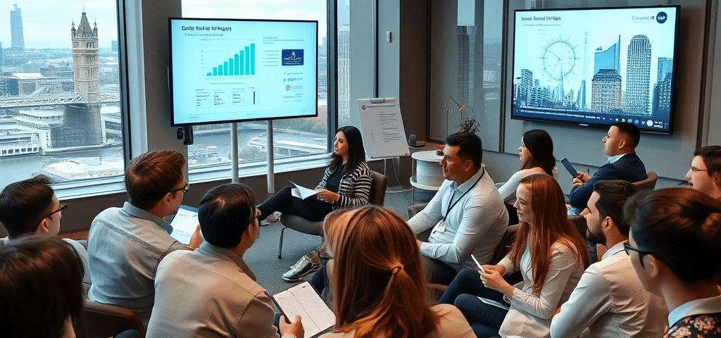 A group of professionals engages in a sales training in London, and discussing data on large screens with a cityscape view from a high-rise office.