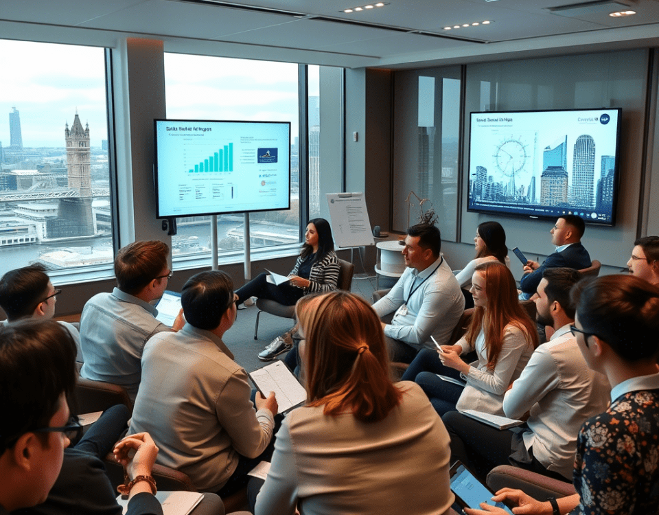 A group of professionals engages in a sales training in London, and discussing data on large screens with a cityscape view from a high-rise office.